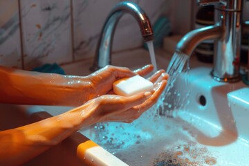 Anonymous Young Woman Washing her Hands with Soap and Water at Home Close up shot of an anonymous young Caucasian woman washing her hands with soap and water in a bathroom early in the morning.