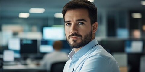 a serious young man sits in a modern office environment. he is focused and determined, with a profes