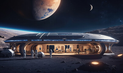 Sticker - Astronauts explore a futuristic lunar base under a bright, alien sky