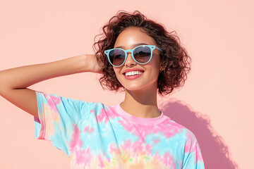 a smiling young woman wearing a tie-dye t-shirt and sunglasses, pastel peach background