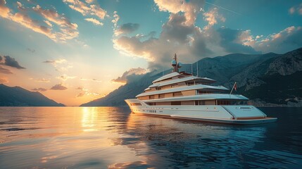 Sticker - A tall luxury yacht in sea, mountains in the distance. Generative AI.