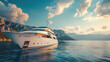 © visoot - A tall luxury yacht in sea, mountains in the distance. Generative AI.