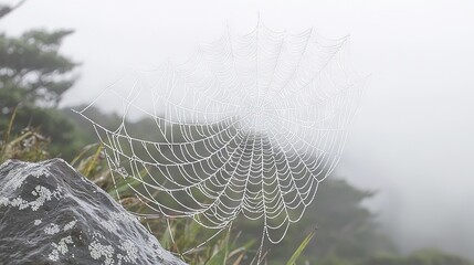 Poster -   A spider web rests atop a rock amidst a dense forest of towering grass blades