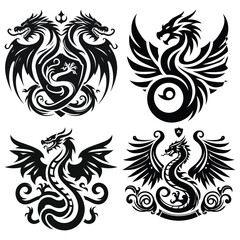 Wall Mural - Black and white dragon vector illustrations, detailed line art, perfect for tattoo designs