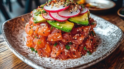 Poster -   Close-up photo of a platter of food with meat and vegetables on top of it, sitting on a table surface