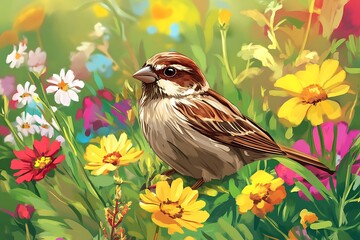 Poster - sparrow on a flower