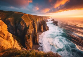 majestic dynamic coastal cliffs showcasing crashing waves enveloping mist stunning natural landscape, aerial, angle, beauty, blue, cloud, coastline, depth