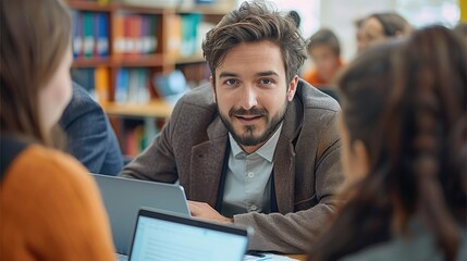 Aufkleber - A teacher facilitating a group project with students using laptops and notebook. Generative AI.