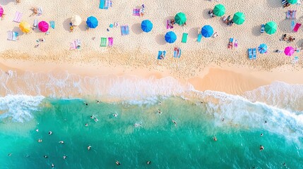 Poster -   An aerial view shows people swimming in water and sunbathing on sand at the beach