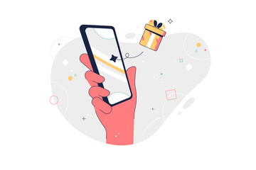 Wall Mural - smartphone user activity concept. flat cartoon vector illustration. hand holding mobile phone with g