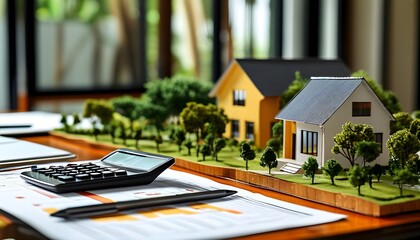 Wall Mural - Financial planning session featuring a calculator and house model on the table