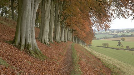 Wall Mural -   A tree-lined path on a hillside, with fallen leaves strewn about