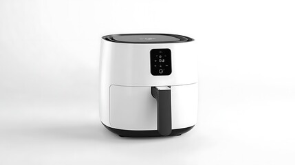 A contemporary air fryer with a digital control panel, centered on a clean white background. 