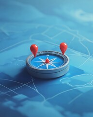 Wall Mural - a sleek compass with red pins placed on a blue, softly blurred map backdrop.
