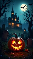 Halloween banner, jack o lantern and tombstones in spooky cemetery with haunted house and bats on Halloween night