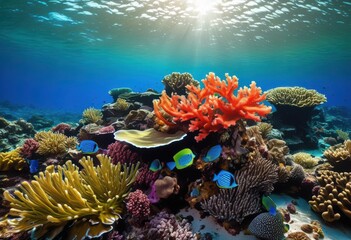 vibrant coral reefs teeming diverse marine life colorful underwater ecosystem, ocean, fish, biodiversity, habitat, aquatic, creatures, anemones, sponges