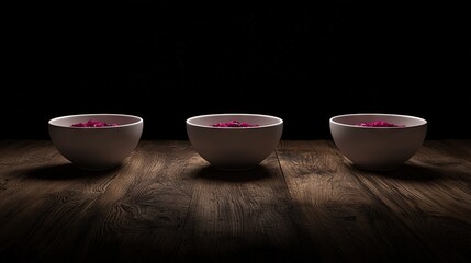 Poster -   Three white bowls holding pink flowers sit on a wooden table in front of a black backdrop