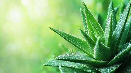 Poster -   A close-up of a lush green plant with glistening droplets on its leaves against a soft, slightly blurred background