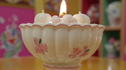 Wall Mural -   A close-up of a candle in a bowl on a table with a pink and yellow wall in the background is visually appealing and creates a cozy atmosphere The warm glow of the candle