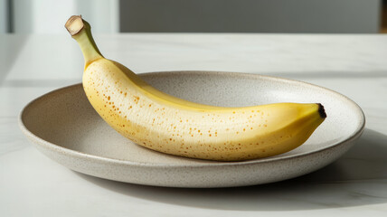 A single ripe banana on a white ceramic plate