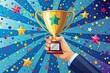 © Four888 - A colorful illustration of a person's hand holding a trophy, surrounded by confetti and stars, symbolizing recognition and appreciation for outstanding performance and achievement.