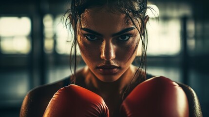 A focused female boxer stares intensely at the camera. Her red gloves are raised, ready for action. This image captures determination and strength in sports. Modern photography style. AI.