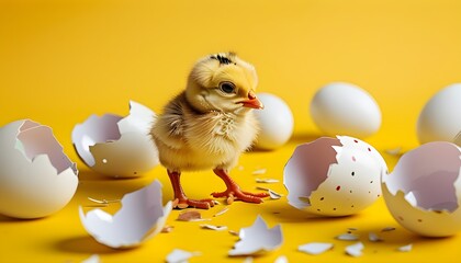 Adorable Easter chick emerging from broken eggshell against vibrant yellow backdrop