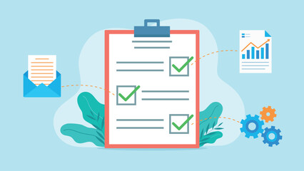 Notebook with checklist. With green selections there are graphics of a document with a chart, email and gears. Flat design vector. 