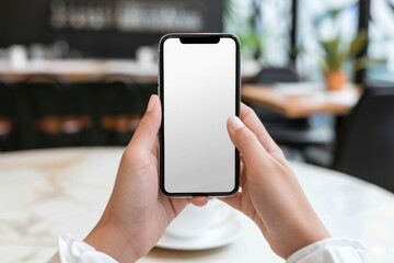 Wall Mural - Hand holding smartphone mockup of blank screen on the table. Take your screen to put on advertising. Hand holding smartphone mockup of blank screen on the table. Take your screen to put on advertising