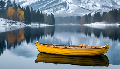 Serene winter landscape featuring a yellow wooden rowing boat on a tranquil lake