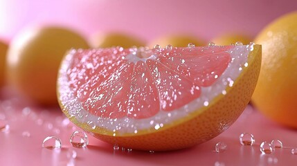 Wall Mural -   A detailed shot of a grapefruit resting on a pink backdrop, surrounded by other grapefruits in the background