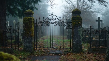 Sticker - A misty cemetery gate surrounded by overgrown foliage and tombstones.