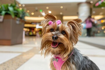 Beautiful yorkie dog at a pet friendly mall Close-up on a beautiful yorkie dog at a shopping center â pet friendly concepts