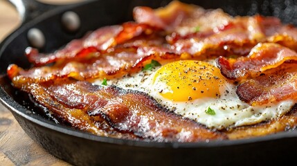 Poster -  A frying pan contains bacon and an egg on a wooden table surrounded by utensils