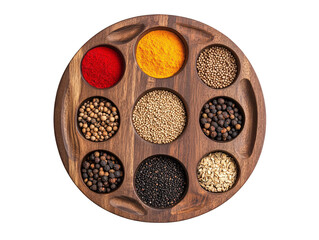 a wooden plate with different spices