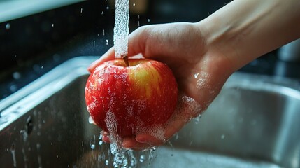   A person washing an apple in a sink with a splash of water coming from the tap