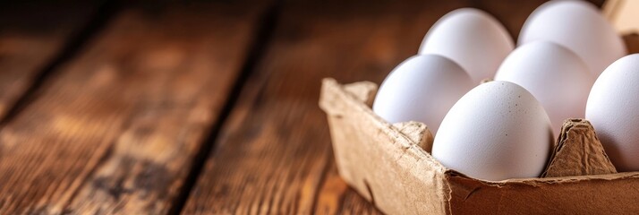 A close-up of a carton of organic white eggs on a rustic wooden table. The eggs are fresh, clean, and beautifully lit. The image symbolizes nourishment, health, and the natural goodness of farm-fresh 