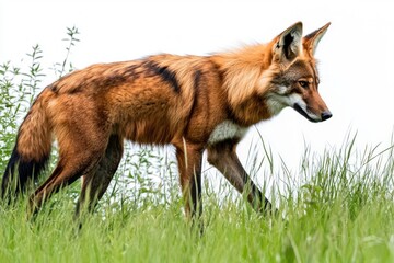 Wall Mural - maned wolf navigates through lush, tall grass, its long legs accentuating its unique physique while its vibrant reddish coat stands out against a clean white background.