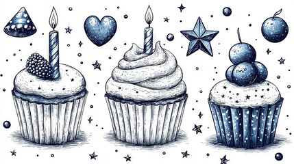 Sticker -   Three cupcakes with candles and stars on white background with sprinkles