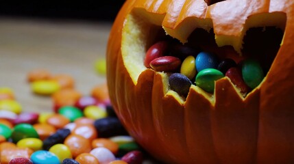 Wall Mural -   A jack-o'-lantern filled with candy sits on a table beside another jack-o'-lantern