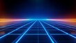 © Nima - A futuristic and nostalgic grid background with glowing neon blue and orange lines, symbolizing retro technology, digital landscapes, synthwave aesthetics, and the 80s era.