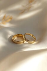 Golden wedding rings on silk fabric with shadows.