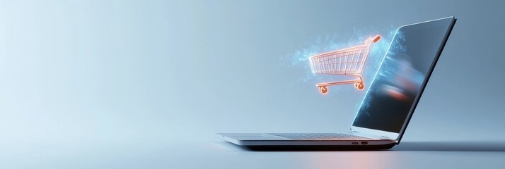 A futuristic laptop with a holographic shopping cart emerging from the screen, symbolizing online shopping, digital commerce, e-commerce, technology, and innovation.