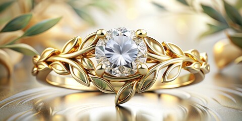 A elegant golden ring with a sparkling diamond solitaire, surrounded by tender leaves and delicate vines, symbolizing eternal love and commitment.