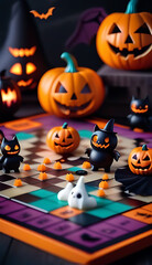 Wall Mural - colorful illustration spooky yet friendly halloween characters including bats ghosts gathered around playful game board category tiles