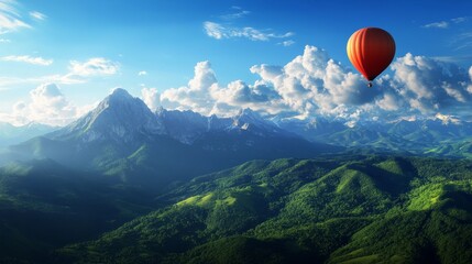 A picturesque landscape featuring a lone hot air balloon gracefully ascending over a serene mountain range. The vibrant blue sky, fluffy white clouds, and lush green valleys create a breathtaking vist