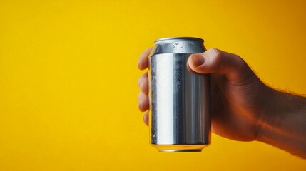 A hand holding a sleek aluminum soda can against a bright yellow background. This image captures refreshment and leisure in a modern style. Perfect for advertising and lifestyle use. AI