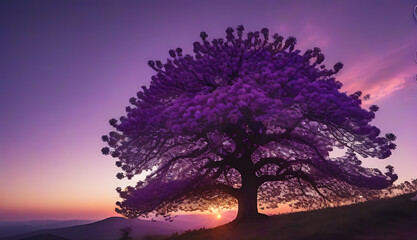 Wall Mural - fantastical tree adorned vibrant purple flowers growing purple pink sunset sky