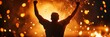 © Nima - A silhouette of a man with arms raised in victory, standing against a backdrop of fiery sparks and bright lights.  This image symbolizes success, achievement, hope, and determination.