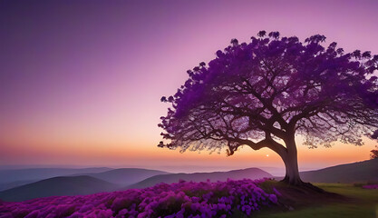 Wall Mural - fantastical tree adorned vibrant purple flowers growing purple pink sunset sky
